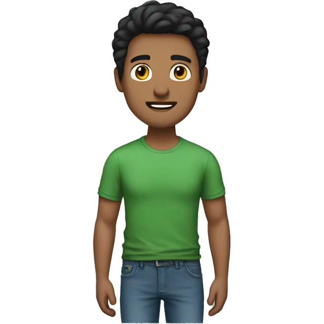 a man with short black hair wearing a green Tshirt and blue jeans emoji