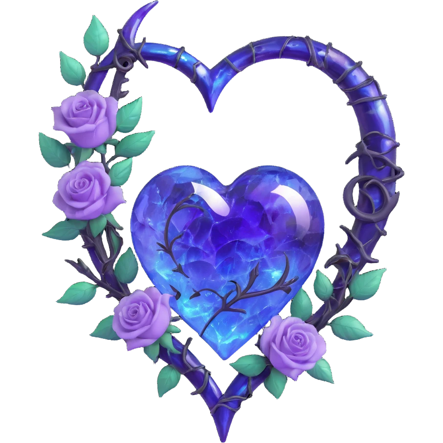 gothic heart made of iridescent lavender glass, silver crescent moon, glowing purple roses, holographic stardust, neon blue lightning, wet and cracked glass emoji