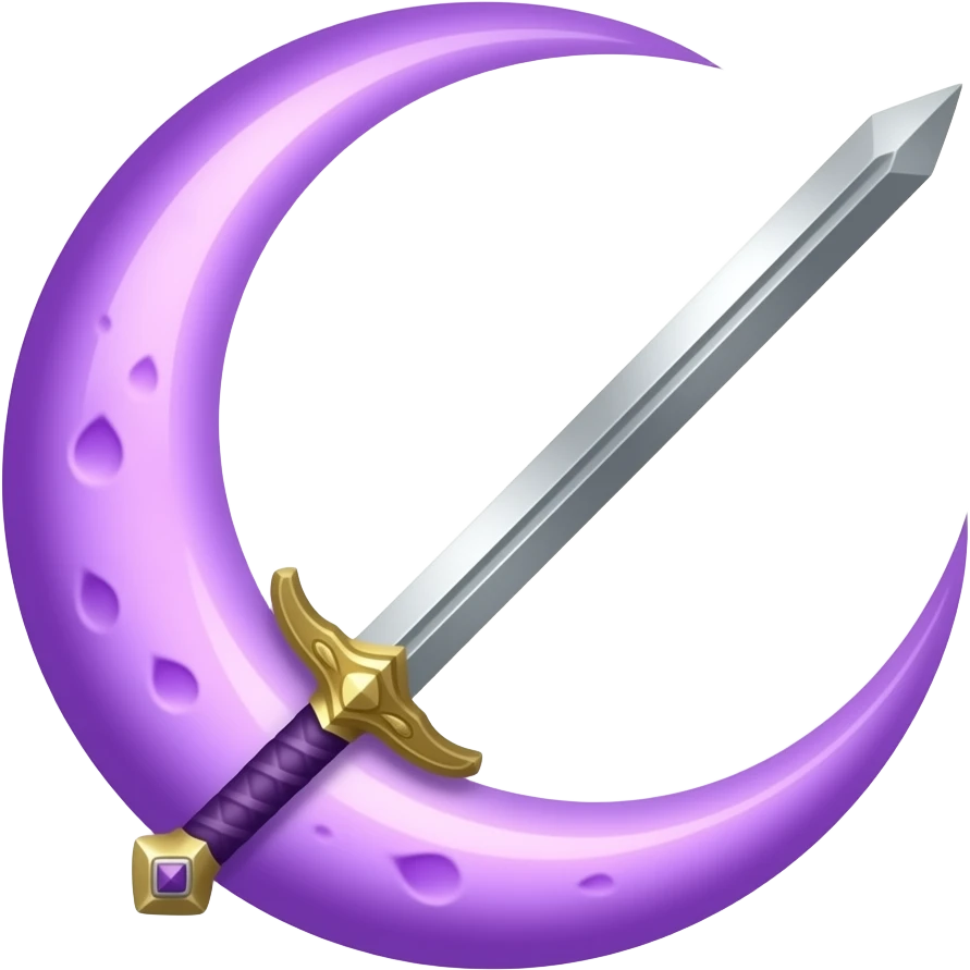 Glowing crescent purple moon with an elegant sword, emoji style. Soft violet and white glow, minimal clean design, smooth edges, subtle lighting, centered, high contrast, transparent background, readable at small size. emoji
