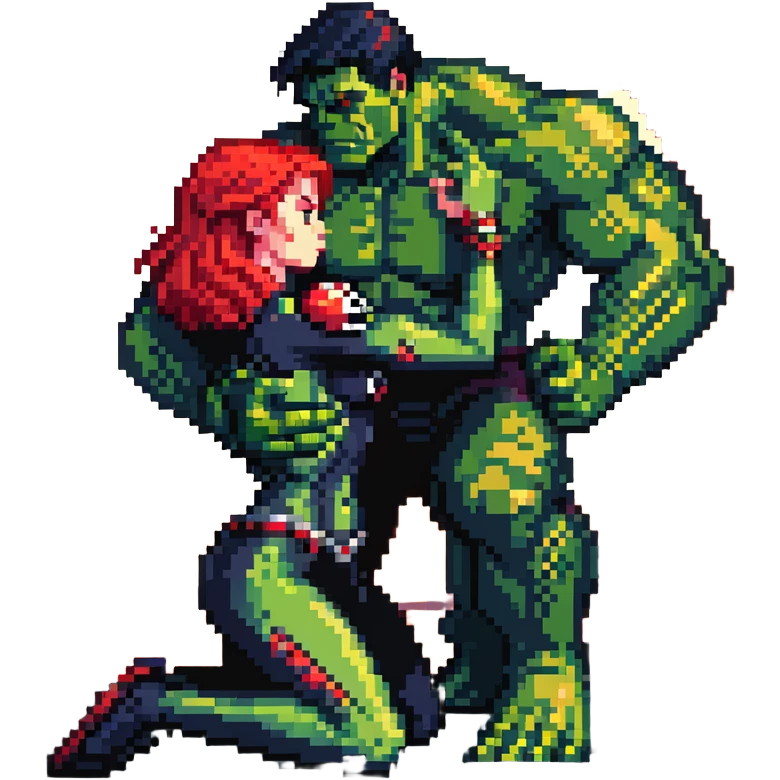 Hulk and Black Widow lullaby scene, Black Widow with red hair calming down the green Hulk, sun's getting real low gesture, Hulk transforming back emoji