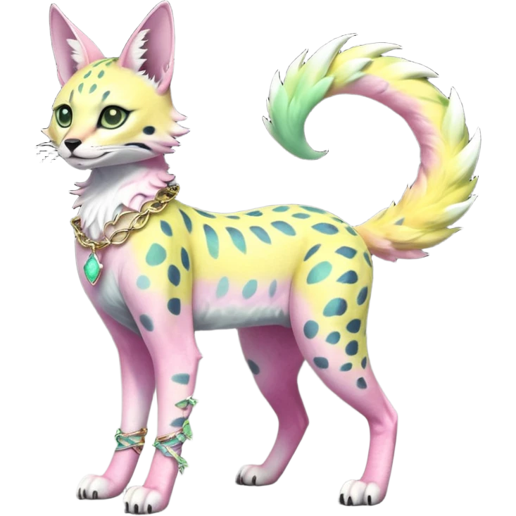 Epic complex knightly divine glorious futuristic detailed dark dusky gloomy pastel pink-pastel-green-pastel-yellow-white-gradient-iridescent, realistic Fakémon-Sprigatito-Floragato-Meowscarada-Trico-Sergal-Serval-Vernid-creature (full body) with bracelets and anklets and fairy wings emoji