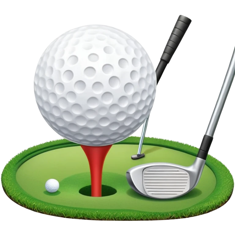 A golf ball on a tee, with a golf club placed beside it on the lush green fairway. The background shows a serene golf course with neatly trimmed grass and a clear blue sky, emphasizing the elegance and precision of the game. emoji