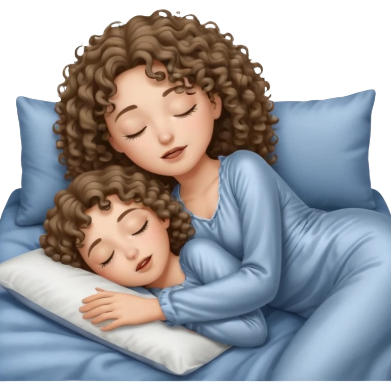 یه دختر مو فرفری با موهای موج دار که یه لباس خواب  کرومی تنشه و خوابیده تو تختش و داره خروپوف میکنه emoji