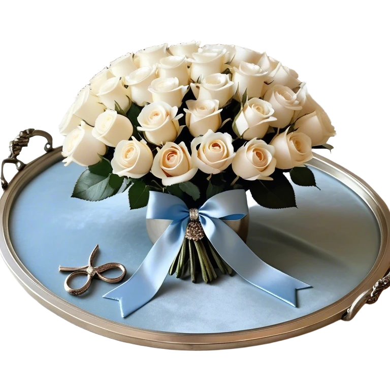 Set against a warm beige and pearl-colored lace backdrop, a bouquet of creamy white roses intertwined with pale blue blooms is wrapped in a soft champagne-colored velvet ribbon, forming a perfect bow. The bouquet rests on an antique silver tray, its delicate engravings catching the soft glow of candlelight. Hovering above, a trio of metallic pearl balloons in soft ivory and rose gold tones sway gently, their surfaces gleaming with a muted, vintage-inspired sheen. emoji