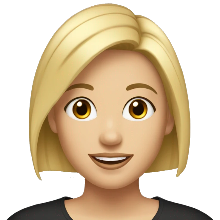 Beautiful girl in a black shirt with short straight blonde hair, thin lips, thin eyebrows, smiling.  emoji