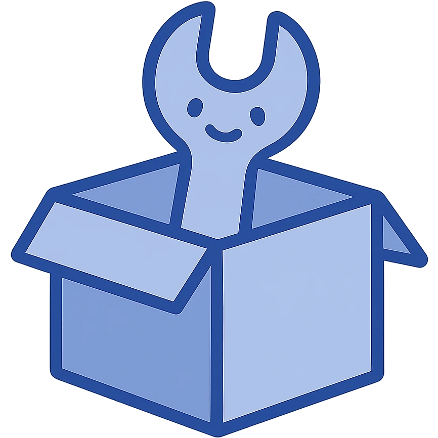 a box with a cute, distinct, playful wrench inside, flat color clip art style using three blue shades from the palette, minimal, no text emoji