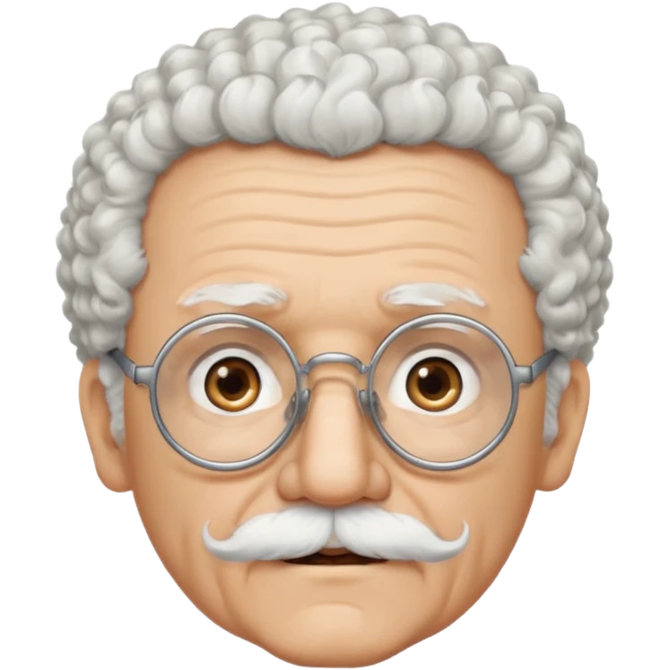 An elderly man emoji with light skin, fluffy curly white hair, thick white eyebrows, brown eyes behind black-framed glasses, a narrow pointed face, and a thin straight white mustache above his mouth. emoji