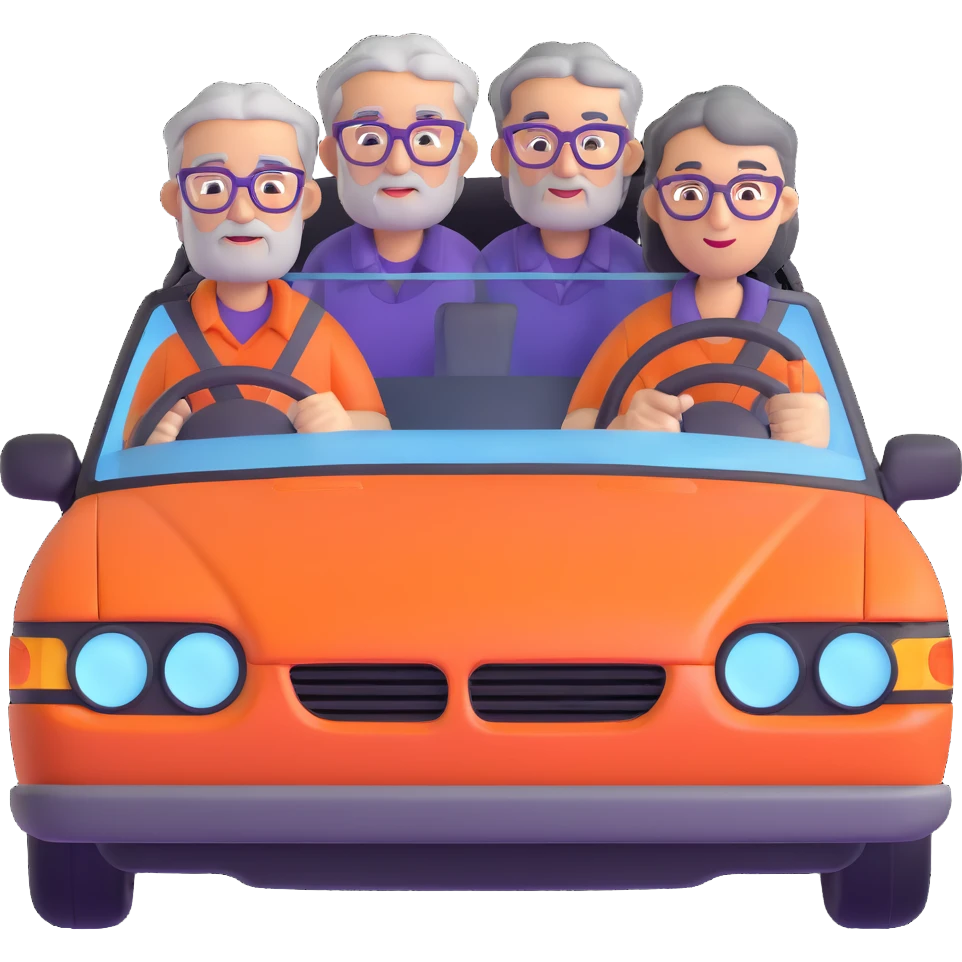 orange car front view with three people visible through windshield: driver with purple shirt and stubble, front passenger with gray hair and glasses, back passenger with black hair and glasses emoji