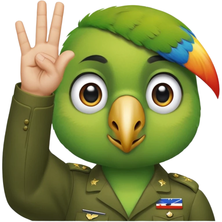 Green parrot face which doing a 'yes sir' gesture (right hand is raised in a military-style salute, with the fingers touching the forehead; The eyes are looking straight ahead, giving off a sense of respect, acknowledgment, or dut) emoji