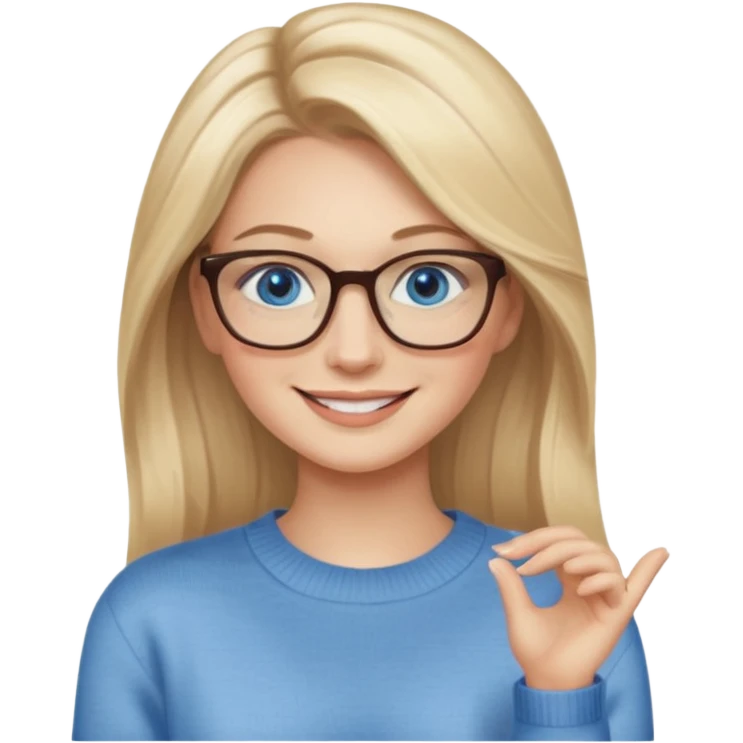 hyper realistic glamourous pale woman, Long blonde balayage hair, smiling, beige sweater, blue eyes and glasses emoji