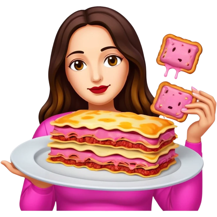 pop art neon Monalisa holding Melted pink gooey spam meat lasagna emoji