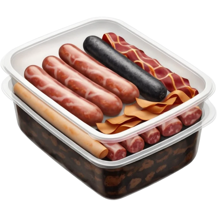 Sausages, black pudding, white pudding, and bacon in sealed container  emoji