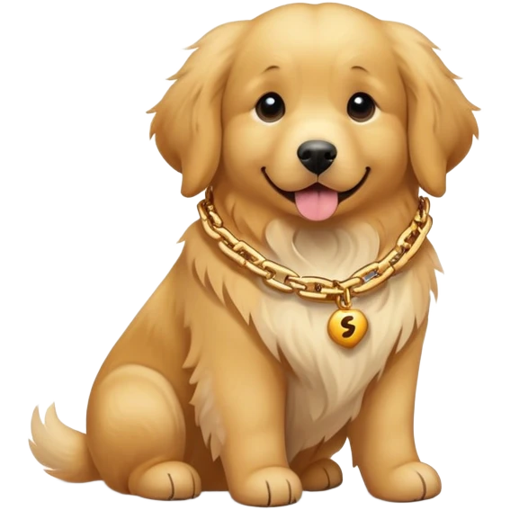Dog wearing chain that says six seven emoji