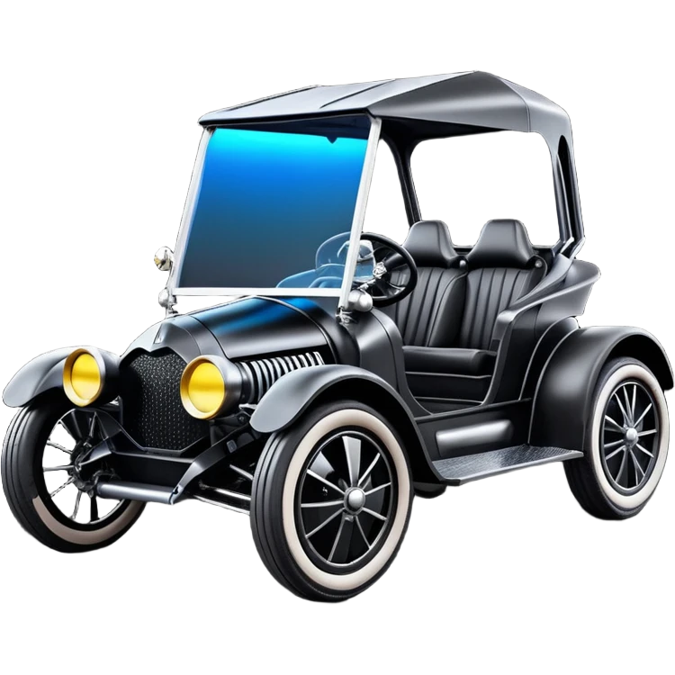 Mad max luxurious survival apocalypse ghostly sporty antique electric Darth Vader’s Batman-armored 1926 black graphite colored enclosed twin seat town buggy with horizontal holographic 3d stars painted on the body sides and neon under glow  emoji