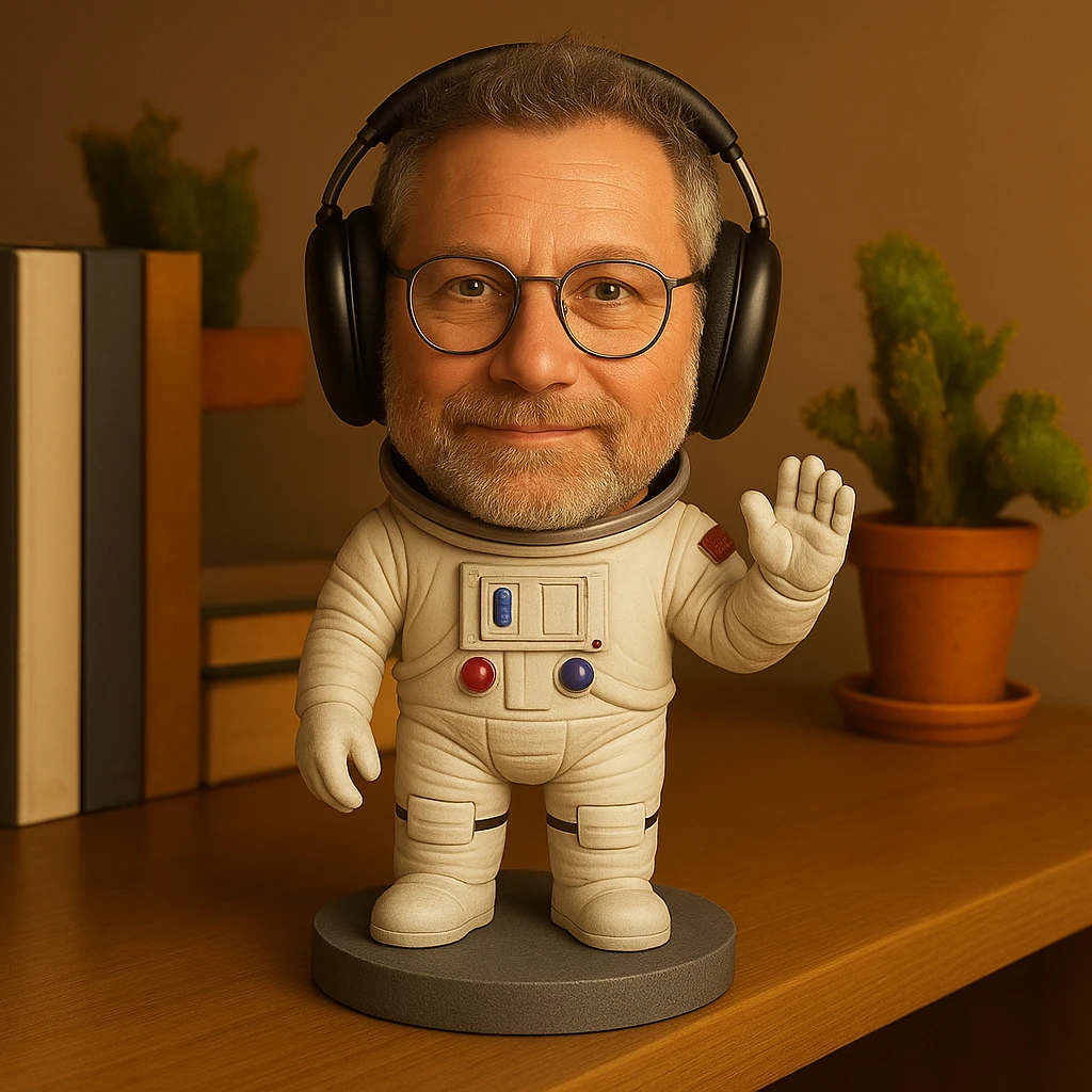 Make the bobblehead astronaut resemble the person in the uploaded photo, including glasses and headphones, in the same bobblehead style. emoji