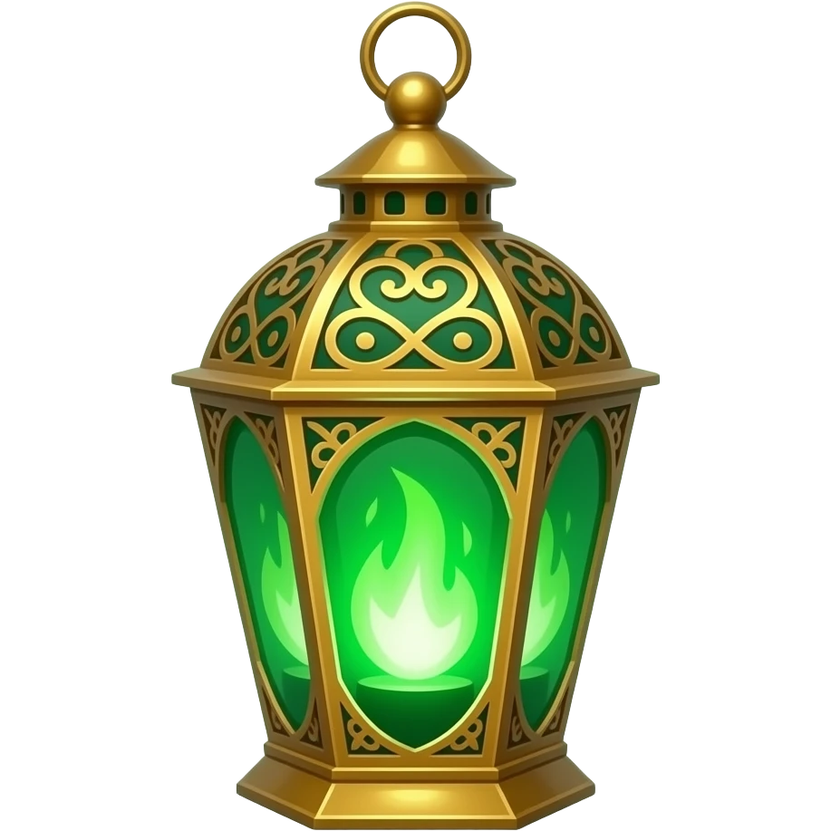A golden hanging lantern with a bright emerald green flames, an empty loop on top, fae filigree themed, but simple focus more on the green flames, paint the glass more green emoji