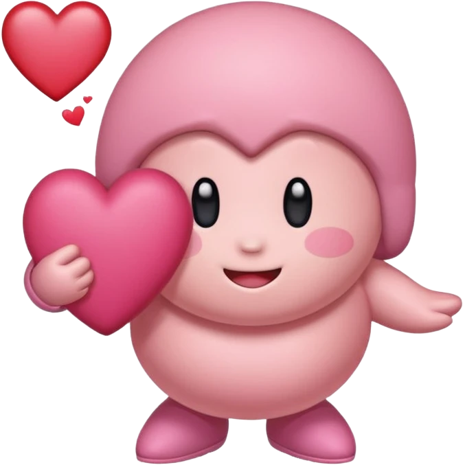 create a chibi sticker of Kirby smiling with a heart in his hands emoji