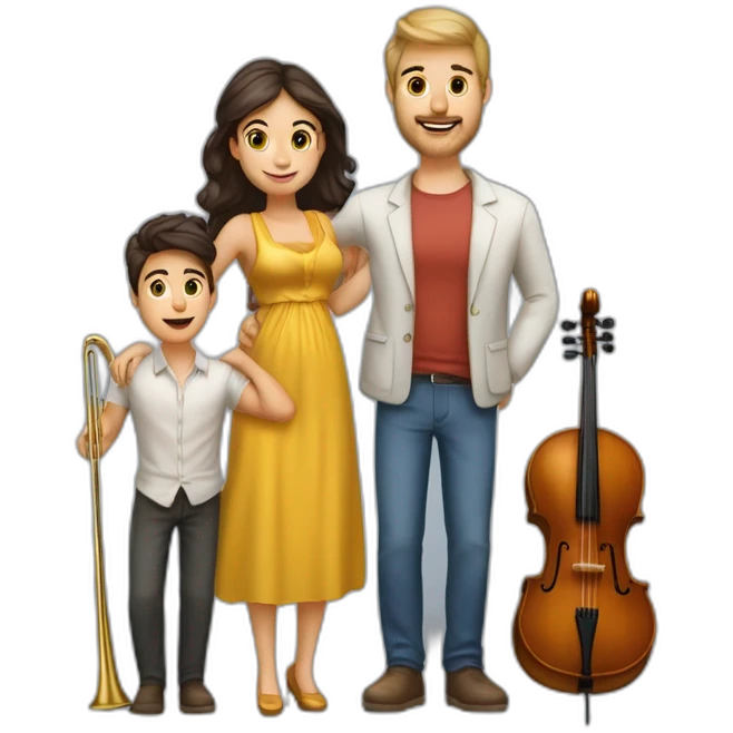 Caucasian family of a man with trombone & a morena woman with cello and they have a baby girl 1yo emoji