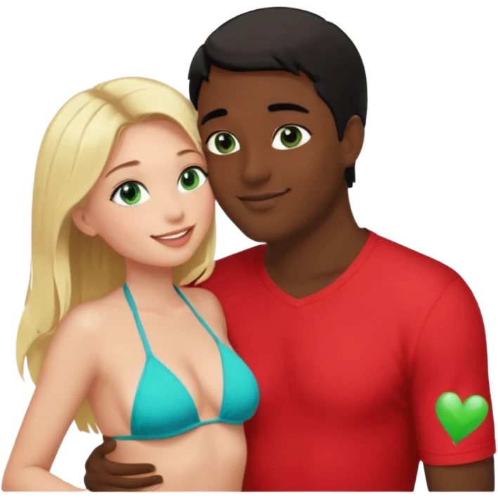 Blonde Girl with little crown Green eyes in Bikini kissing Male subject without crown black hair blue eyes Background living room  emoji