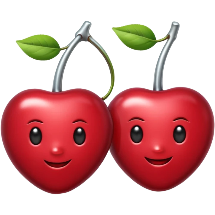 A pair of cherries emoji made of polished silver chrome, smooth rounded shapes, glossy metallic finish, soft highlights and reflections, cute proportions, iOS emoji style, centered, clean white background, no text emoji