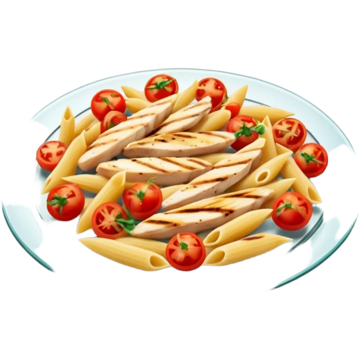 penne with cherry tomatoes and grilled chicken on a glass plate emoji