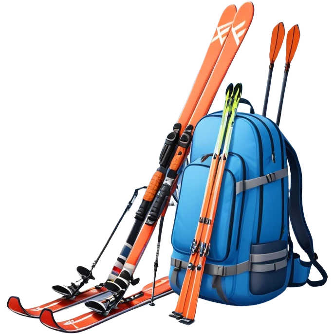 An icon showing a close-up of a biathlon backpack, a pair of skis, and a biathlon rifle resting against snow. In the background, a beautiful winter landscape with snowy trees and mountains under a clear sky. Transparent background reflects the sport’s precision and rugged endurance. emoji