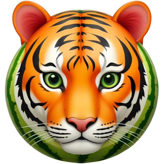 A round watermelon with green rind and a realistic tiger head attached to it emoji