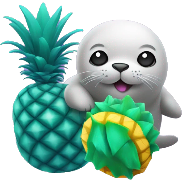 teal-colored seal holding a purple-colored pineapple emoji