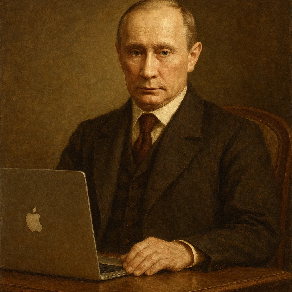 Historical leader portrait-style Vladimir Putin with a MacBook on a desk emoji