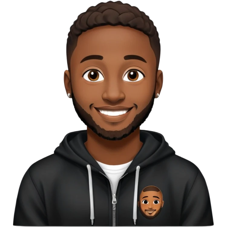 African yound man in his late 20s with a  bright smile with a short boxed beard, and a low cut hair, looking like davido the musician black hoody emoji