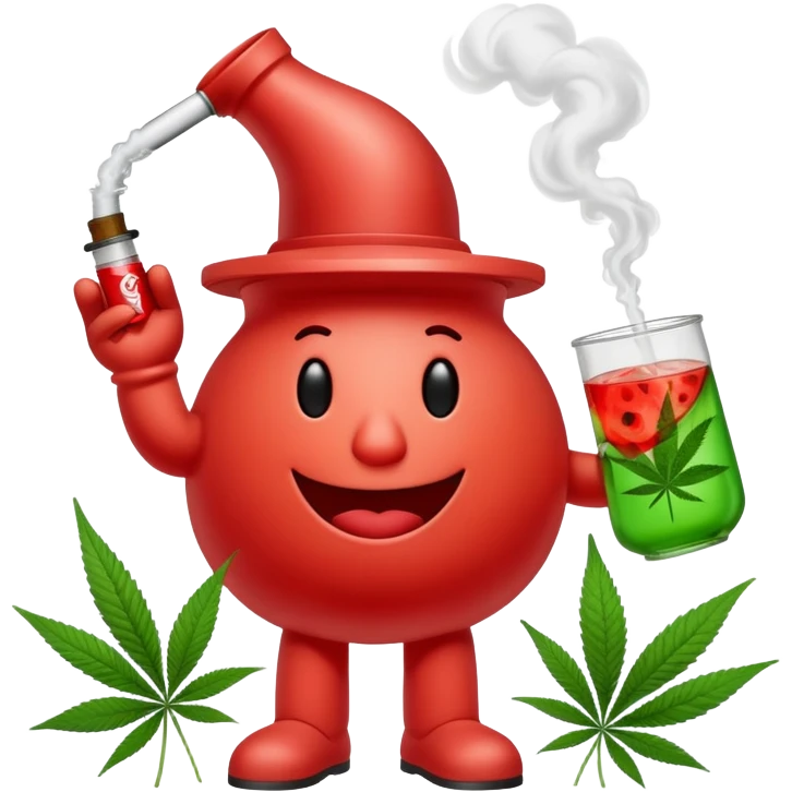 Kool-Aid Man character with legs smoking a bong with cannabis leaf nearby emoji