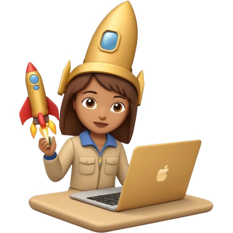3D clay character with laptop and small rocket launching, cute rounded style, deep green (#0B3D2C), gold rocket, cream laptop, soft shadows, transparent background emoji