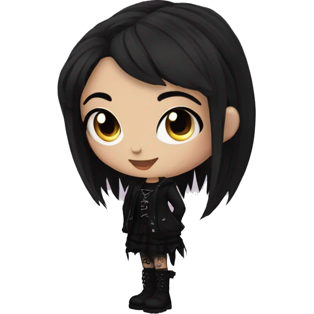 Trad goth girl, with black hair, dressed in black, with piercings and tattoos emoji