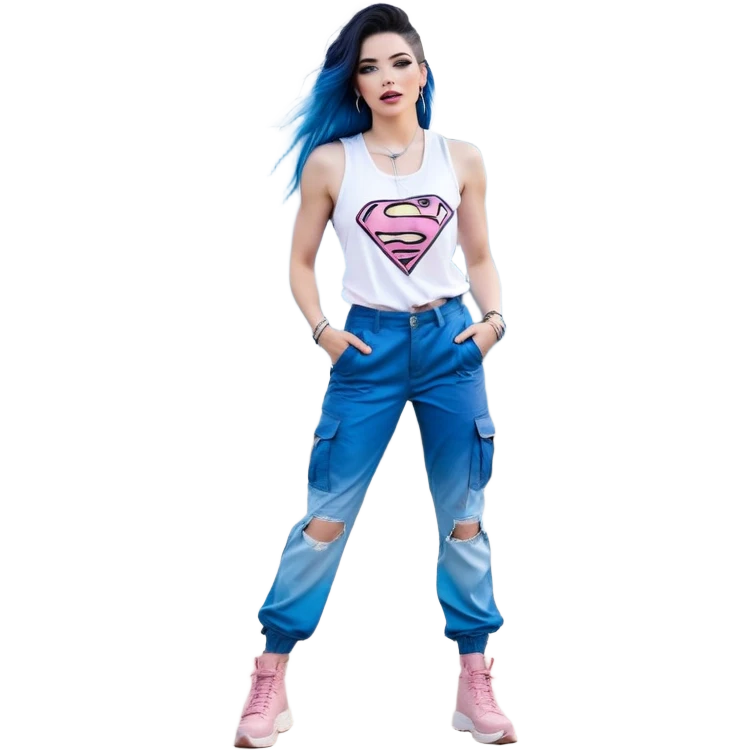 Tall-full body-Larger female chest-very excited-very-beautiful-face-white torn cargo pants-light-pink-lips-very long-very-straight-dark-blue-ombre-hair-and-blue-eyes-thick-black-eyeliner-thick-long-eyelashes-sky-blue-superman-tank-top-with-glitter-and-silver-hoop-earrings emoji