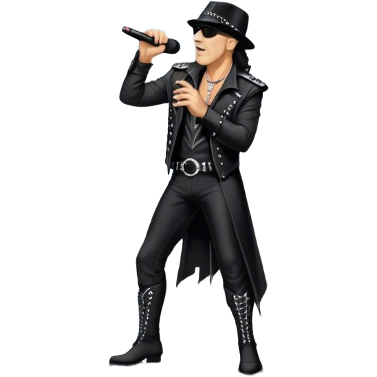 Icon for Rock Music: Klaus Meine holds a microphone stand in his hands performing with Scorpions on stage, with powerful stage presence. The vibe should capture the energetic and iconic sound of Scorpions, with vibrant lighting and a stadium atmosphere. Transparent background. emoji