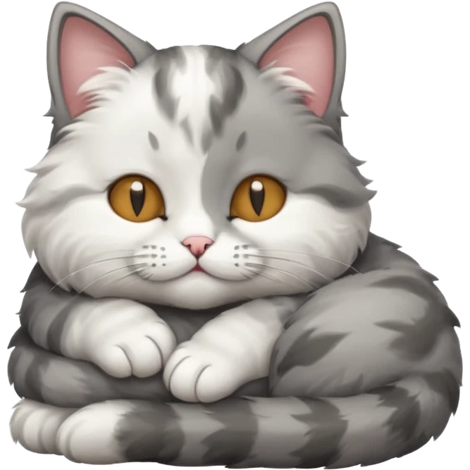 grey and white small cat with its eyes closed lying down with its paw curled under his chin holding it up emoji