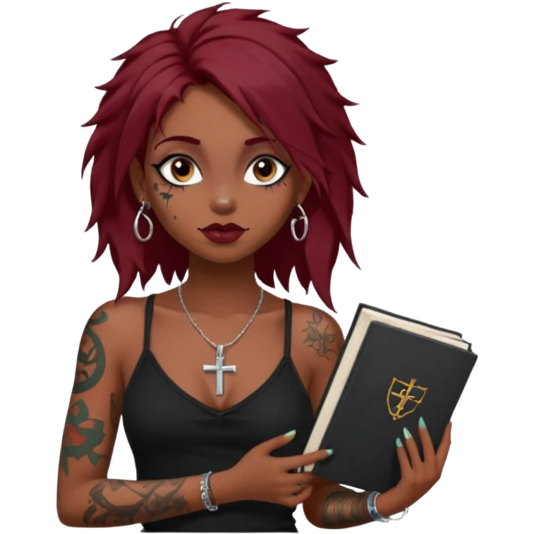 generate an ios genmoji of a dusky girl with long dark red messy hair with eyeliner on her eyes. septum piercing, wearing a cami black top, has tattoos, on shoulders. ear piercings. wearing a cross silver necklace. carrying a lot of sketchbooks


no tattoos on face emoji