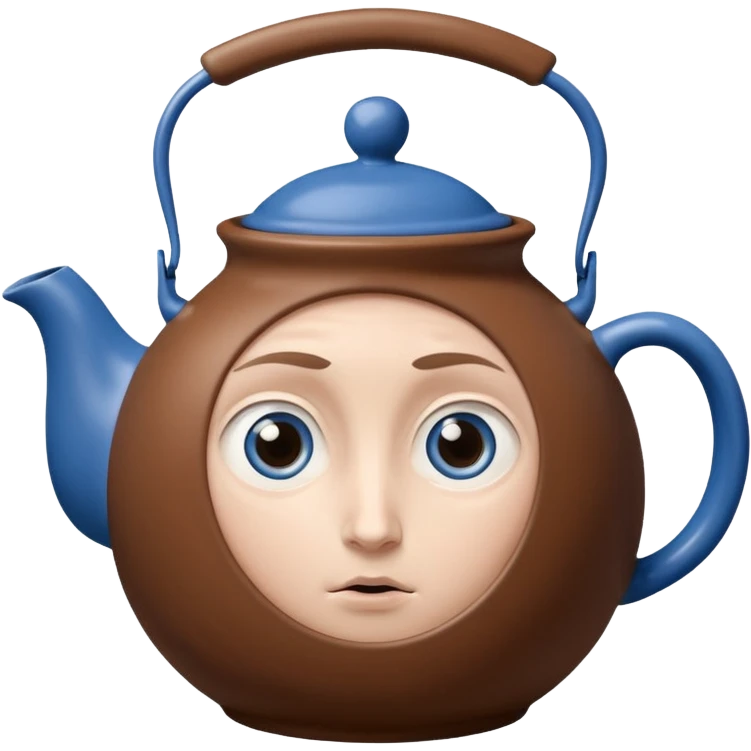 brown teapot, with a concerned expression including big blue eyes. It has human legs on the bottom, and a human hand connected to its handle. emoji