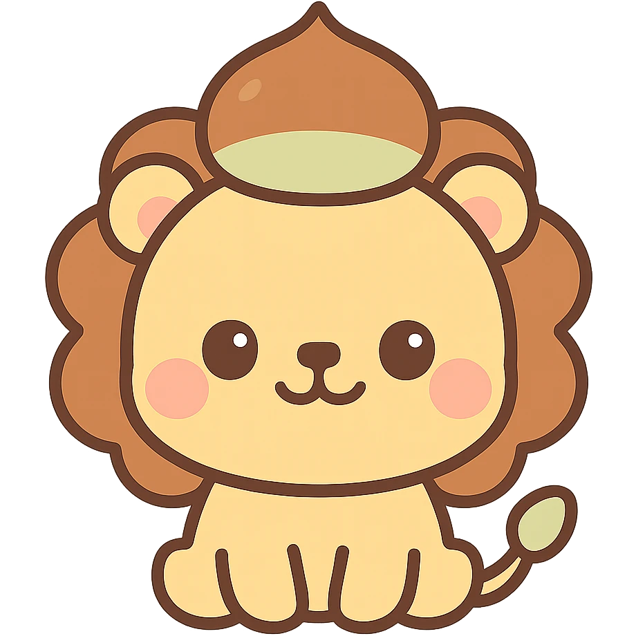 kawaii lion character with a chestnut hat, round face, soft colors, chibi style, smiling warmly emoji
