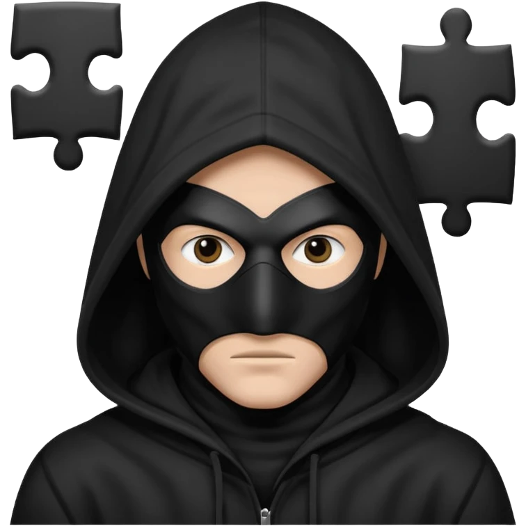 grayscale black mysterious masked hooded man with puzzle logo on hood emoji