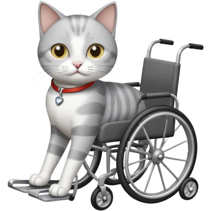 grey and white cat in a wheelchair designed for cats to walk emoji