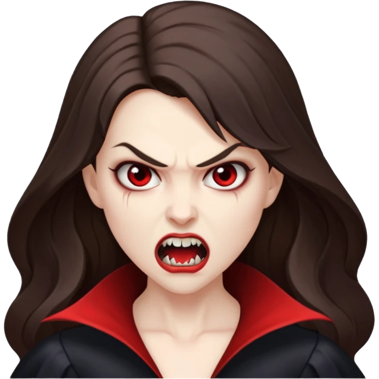 vampire woman, pale skin, brunette, long hair, angry face, fangs out emoji
