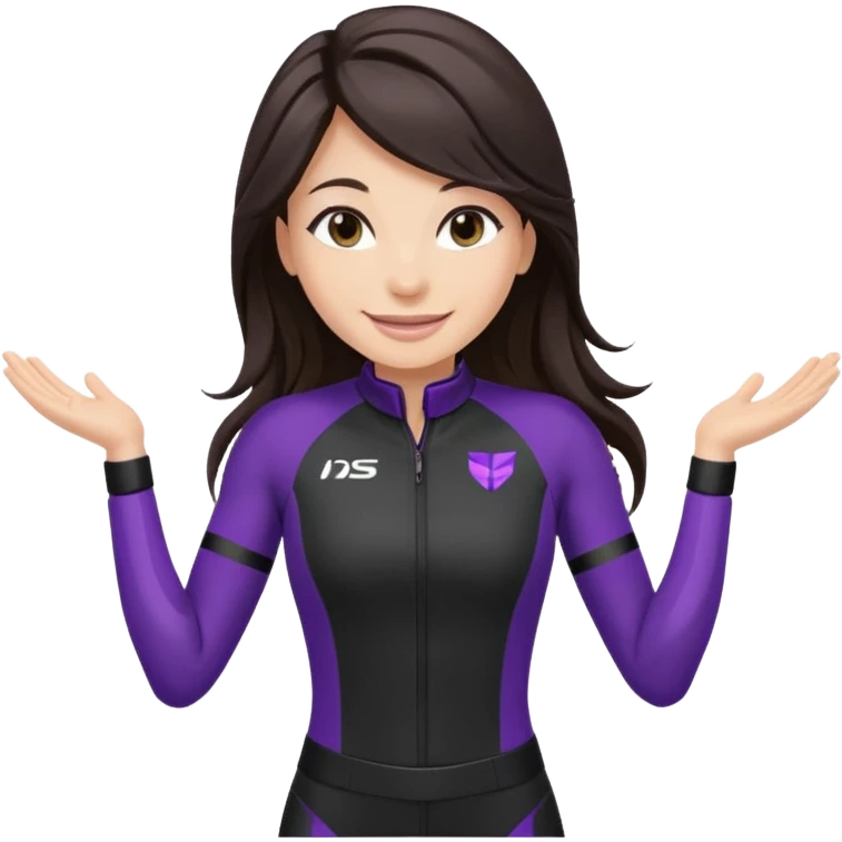 brunette long hair woman with black racing outfit with single purple strips on arms emoji