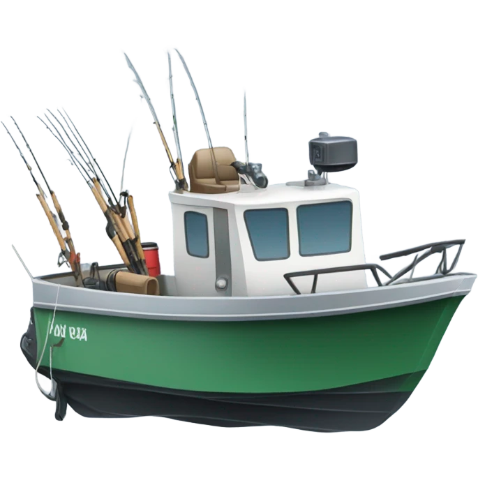 A little aluminium fishing boat with an outboard motor and lots of fishing rods on the sea emoji