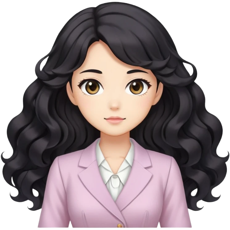 Confident kawaii anime businesswoman with beautiful black wavy hair wearing a soft feminine pastel dress, future boss lady emoji