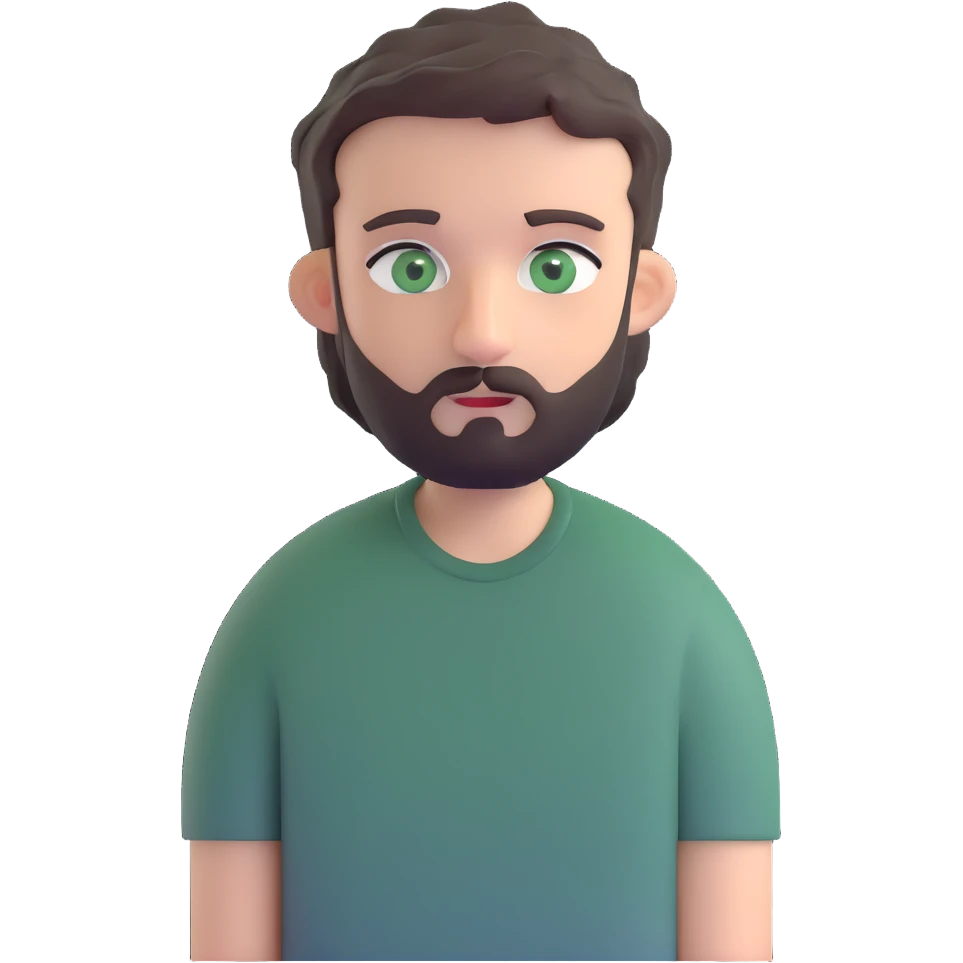 man with dark messy short hair, dark green eyes, gray T-shirt, and short beard emoji