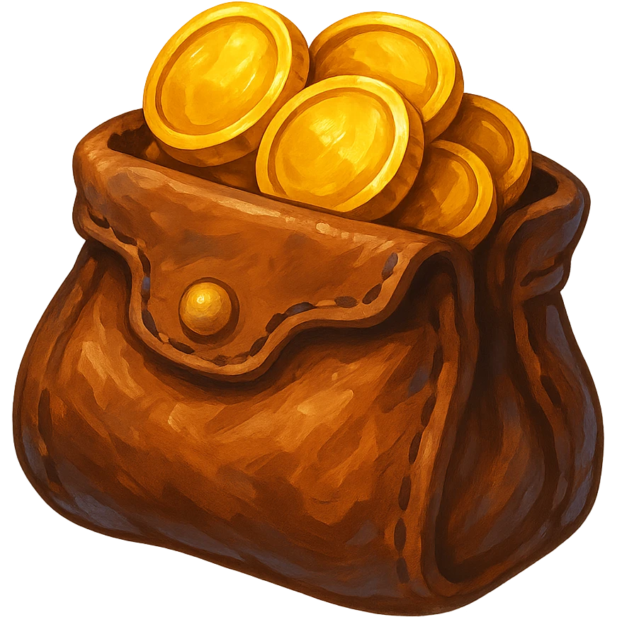 В cлегка рисованной, но при этом объемной и яркой стилистике сгенерируй картинку кожаного кошелька, из которого торчат золотые монеты. Они должны выглядеть не как пластмассовые, а как настоящее золото. Прозрачный фон emoji