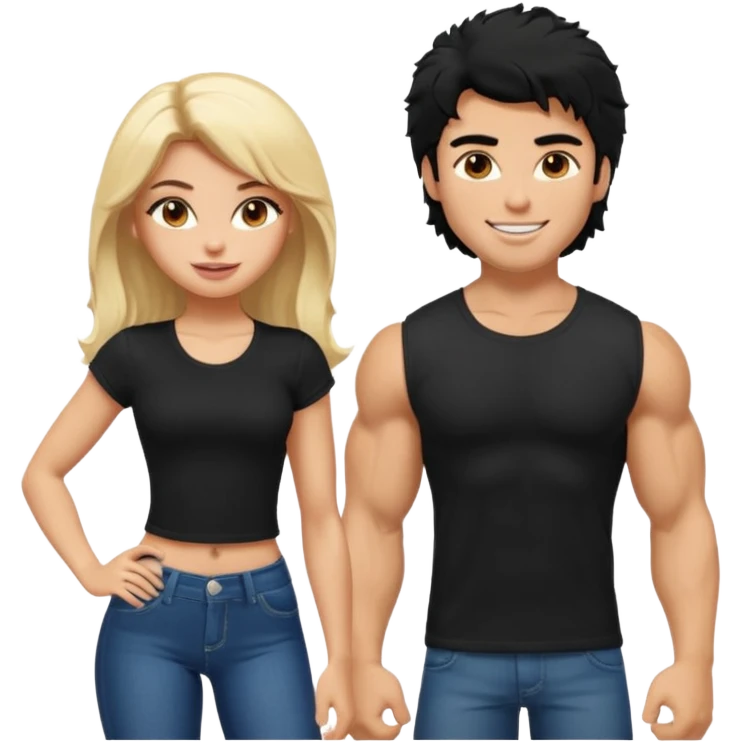 a pretty bratz guy with black hair with big muscles and shaggy hair in a tight black tee smiling standing with a girl emoji