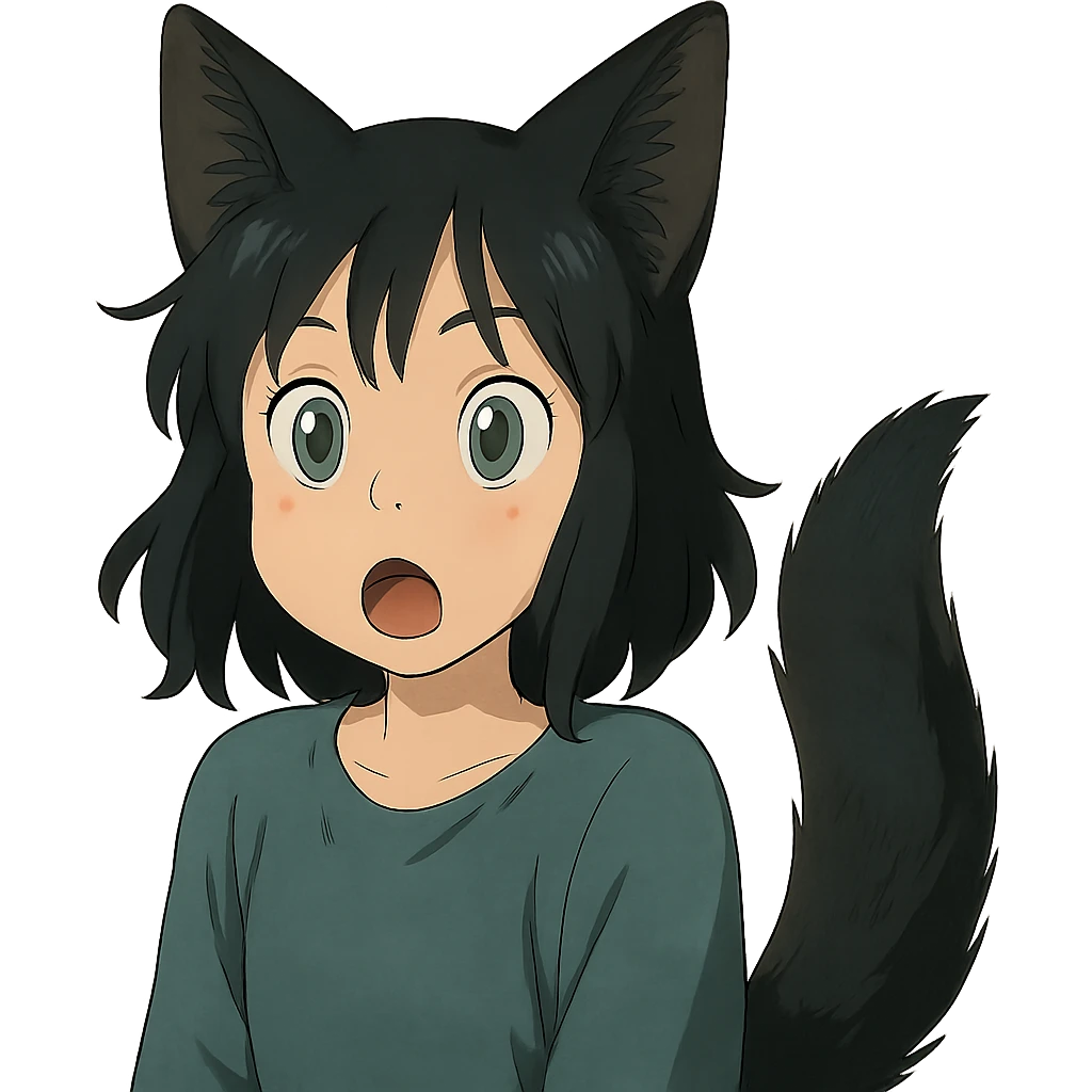 a surprised girl with huge green eyes, black fox ears, and a tail, dark hair emoji