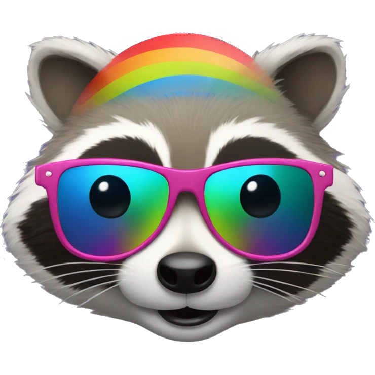 smiling raccoon head with rainbow sunglasses emoji